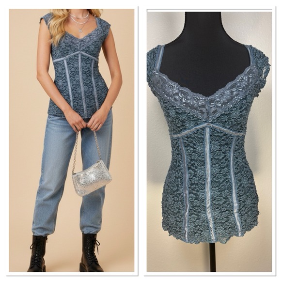 Ann Ferriday Tops - Vtg Y2K Ann Ferriday Lace‎ Stretch Corset Top Fairy Romantic Blue M Whimsigoth